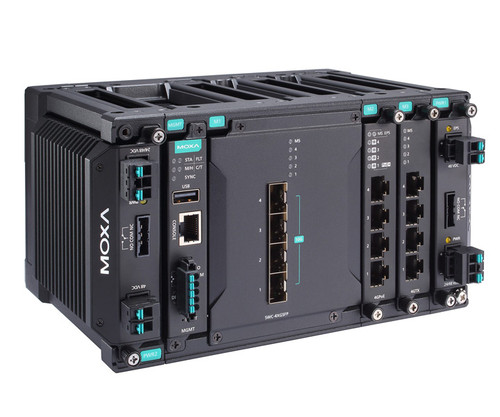 Moxa MDS-G4012-4XGS-T modular switch with multiple ports and status LED indicators.