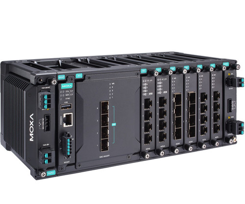 Moxa MDS-G4028-4XGS-T modular network switch with multiple ports and interface modules.