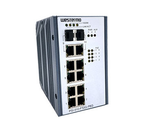 A Westermo PSI-010-FT2G-P8G industrial rail switch with multiple Ethernet and fiber ports.