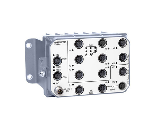 Westermo Viper-12A-PoE industrial M12 switch with multiple circular ports and mounting brackets.