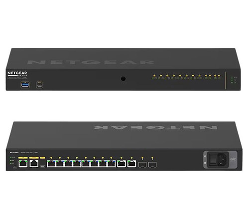 Front and rear views of the Netgear AV M4250-12X2F rackmount network switch.