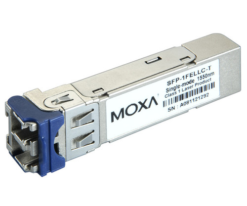 Moxa SFP-1FELLC-T single-mode transceiver with text label and serial number.