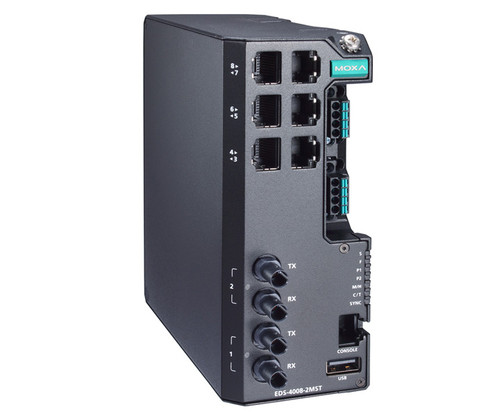 Moxa EDS-4008 industrial Ethernet switch featuring multiple RJ45 ports and fiber optic connectors.