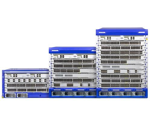 Three blue modular network switches of varying sizes standing side by side.