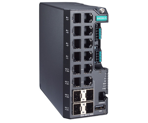 Moxa EDS-4012-4GC industrial Ethernet switch with multiple ports.