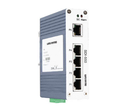 A Westermo SDI-550 network switch with five Ethernet ports and status lights.