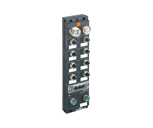 Ethernet/IP Switch module with multiple circular M12 connectors and labeling areas.