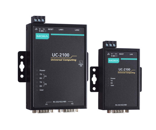 Two Moxa UC-2100 Universal Computing units, featuring serial and LAN ports.