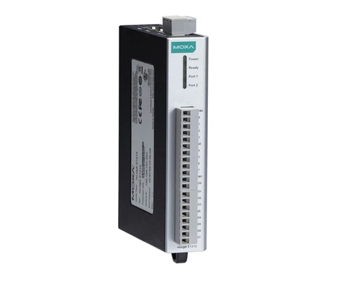 Moxa ioLogik remote I/O device with terminal block and status LEDs.