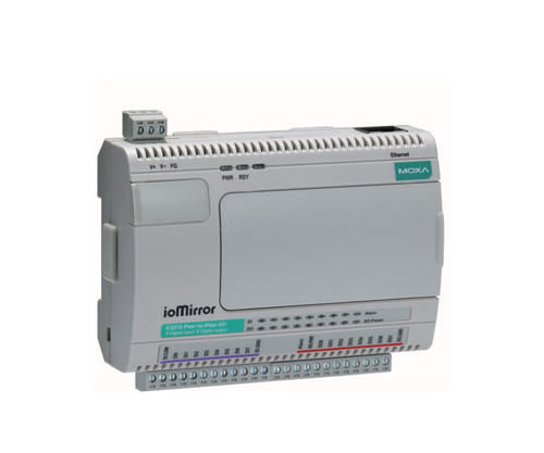 A Moxa ioMirror E3210 I/O Server featuring Ethernet connectivity and multiple screw terminals.
