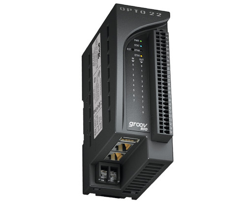 Groov RIO module by Opto 22, featuring status LEDs and wiring terminals.