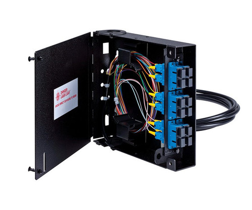 ZDMB6B Distribution Enclosure with fiber optic connectors and a "DANGER LASER LIGHT" warning label.