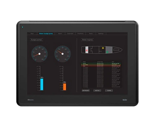 The X2 marine Series HMI displays sludge pump data and water ingress status.