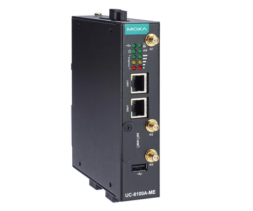 Moxa UC-8100A-ME industrial computer with Ethernet ports, LED indicators, and antenna connectors.