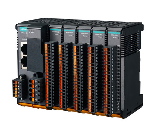 Moxa ioThinx 4510 Series modular remote I/O device with terminal blocks.