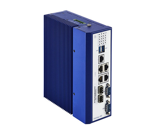 Blue industrial edge compute gateway with front panel ports and cooling fins.
