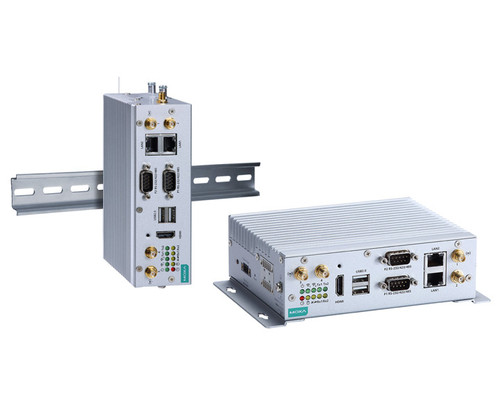 Two Moxa V2201 series industrial computers, one DIN-rail mounted vertically, one wall-mounted horizontally.