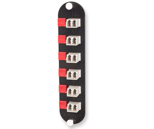 A black fiber optic adapter panel with six white duplex adapters.