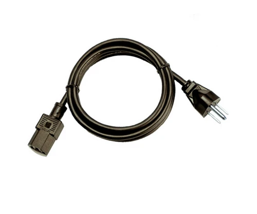 A coiled black power cord with a three-pronged plug and a C13 connector.