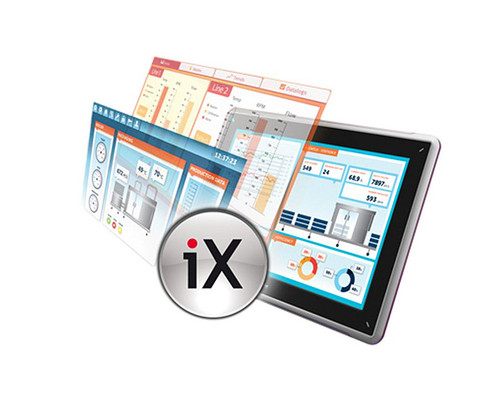 A tablet displaying data dashboards with an "iX" logo overlay.