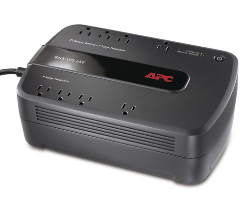 Black APC Back-UPS 650 uninterruptible power supply unit with multiple outlets.