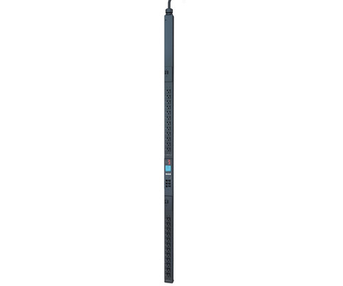 Vertical rackmount power distribution unit with numerous outlets and a digital display.