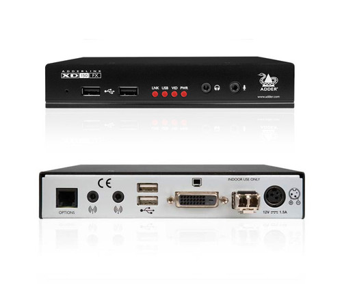 Front and rear panels of the AdderLink XD150 FX DVI extender.