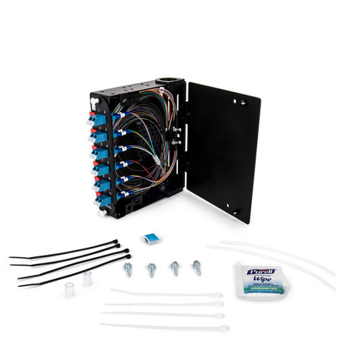 SPH-CS12-A9-P00RE patch panel with fiber optic cables, mounting hardware, and Purell Wipe packet.