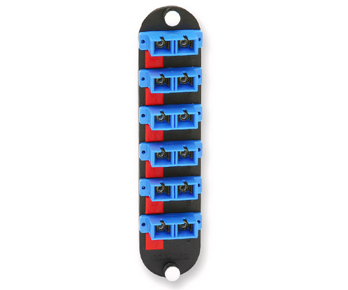 A CCH-CP12-59 fiber optic patch panel insert with six duplex LC blue adapters.