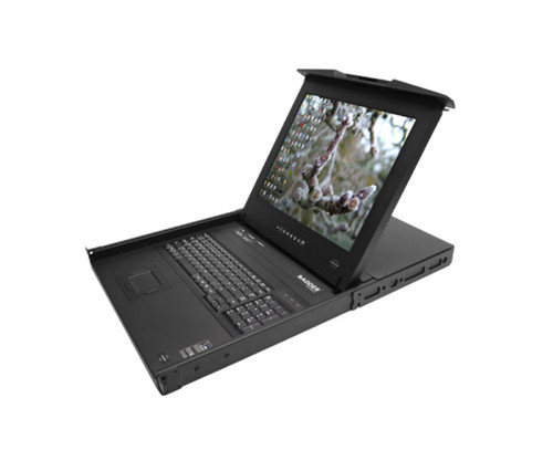Black rack-mount KVM console with an open display screen and integrated keyboard.