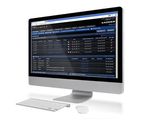 A computer display showing the Adder Infinity Management System software dashboard.