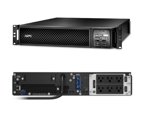 Front and rear view of an APC SRT1000RMXLA Rackmount UPS showing ports and display.