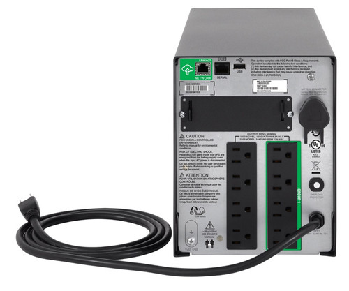Rear panel of the SMT1500C UPS showing network, serial, USB ports, and power outlets.