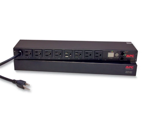 AP7900B Rackmount PDU with eight power outlets, an LED display, and black chassis.