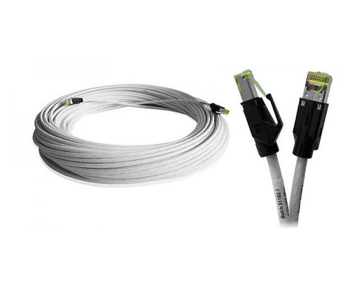 A coiled white Cat 7 Ethernet cable featuring metal shielded RJ45 connectors.