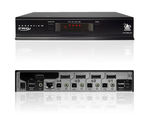 Front and rear views of the AdderView Pro AV4PRO-DP-US KVM switch device.