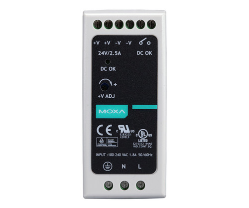 MDR-60-24 Moxa power supply unit with input/output terminals and status indicators.