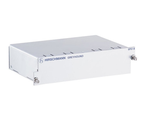Hirschmann Greyhound GPS1-K power supply module with metallic casing and mounting screws.