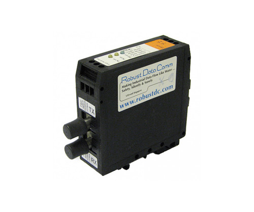 Robust Data Comm rdcFOms-dv-st-st industrial fiber optic converter with TX and RX ports.