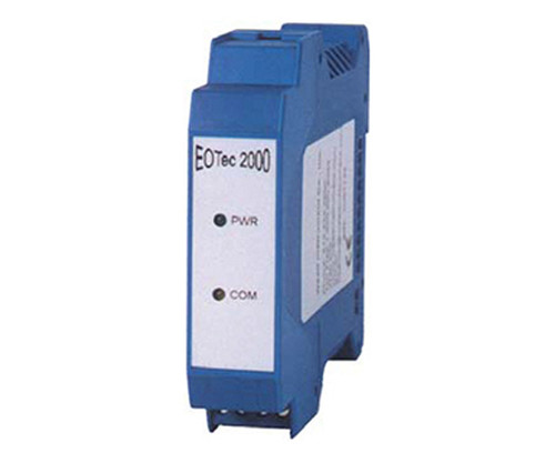 Blue EOTec 2000 industrial interface module with PWR and COM indicator lights.