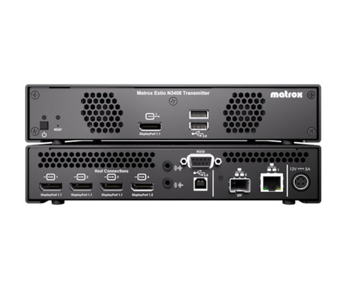Front and rear views of the Matrox Extio N3408 Transmitter networking appliance.