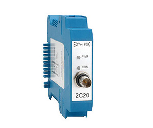 Blue EOTec 2000 2C20 interface module with status LEDs and a BNC connector.