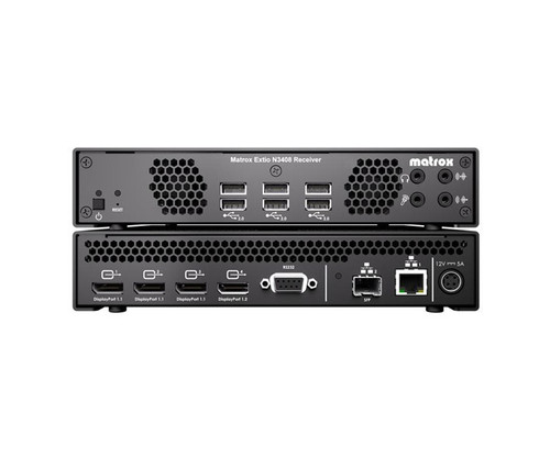 Matrox Extio N3408 Receiver showing front and back ports and connection interfaces.