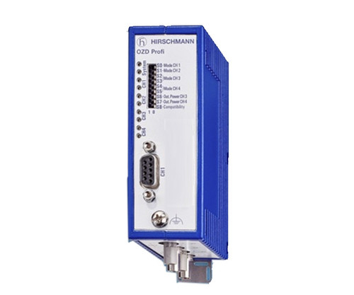 Hirschmann OZD Profi interface module with status LEDs, DIP switches, and a D-sub connector.
