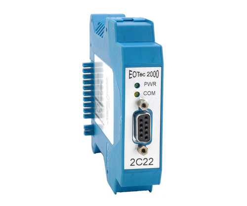 EOTec 2000 2C22 interface module with a DB9 serial port, status LEDs, and label.