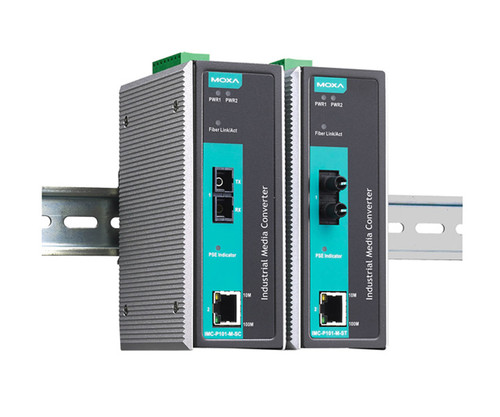 Two Moxa IMC-P101 Industrial Media Converters mounted on a DIN rail.