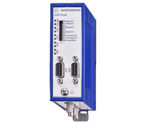 Hirschmann OZD Profi industrial fiber optic interface with configuration switches and connection ports.