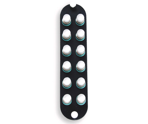 Black fiber optic patch panel insert with twelve white connector ports in two rows.