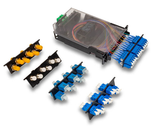 FSCS112DLCP fiber splice cassette with four interchangeable modular adapter panels.