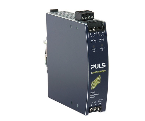 PULS DIMENSION YRM2 Redundancy Module with dual power inputs and LED status indicators.